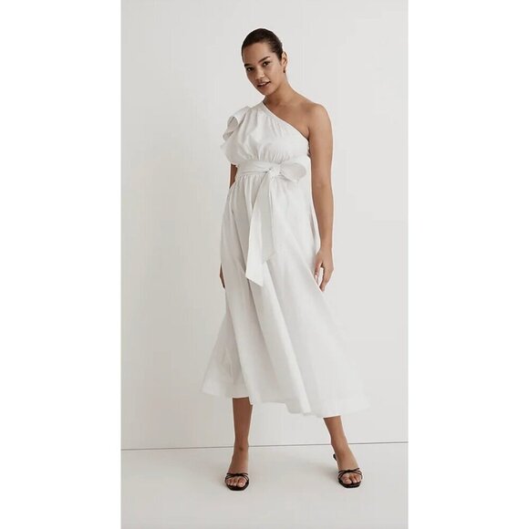 Madewell $158 Ruffled One-Shoulder Midi Dress White Size 6 NK491 - Picture 1 of 6